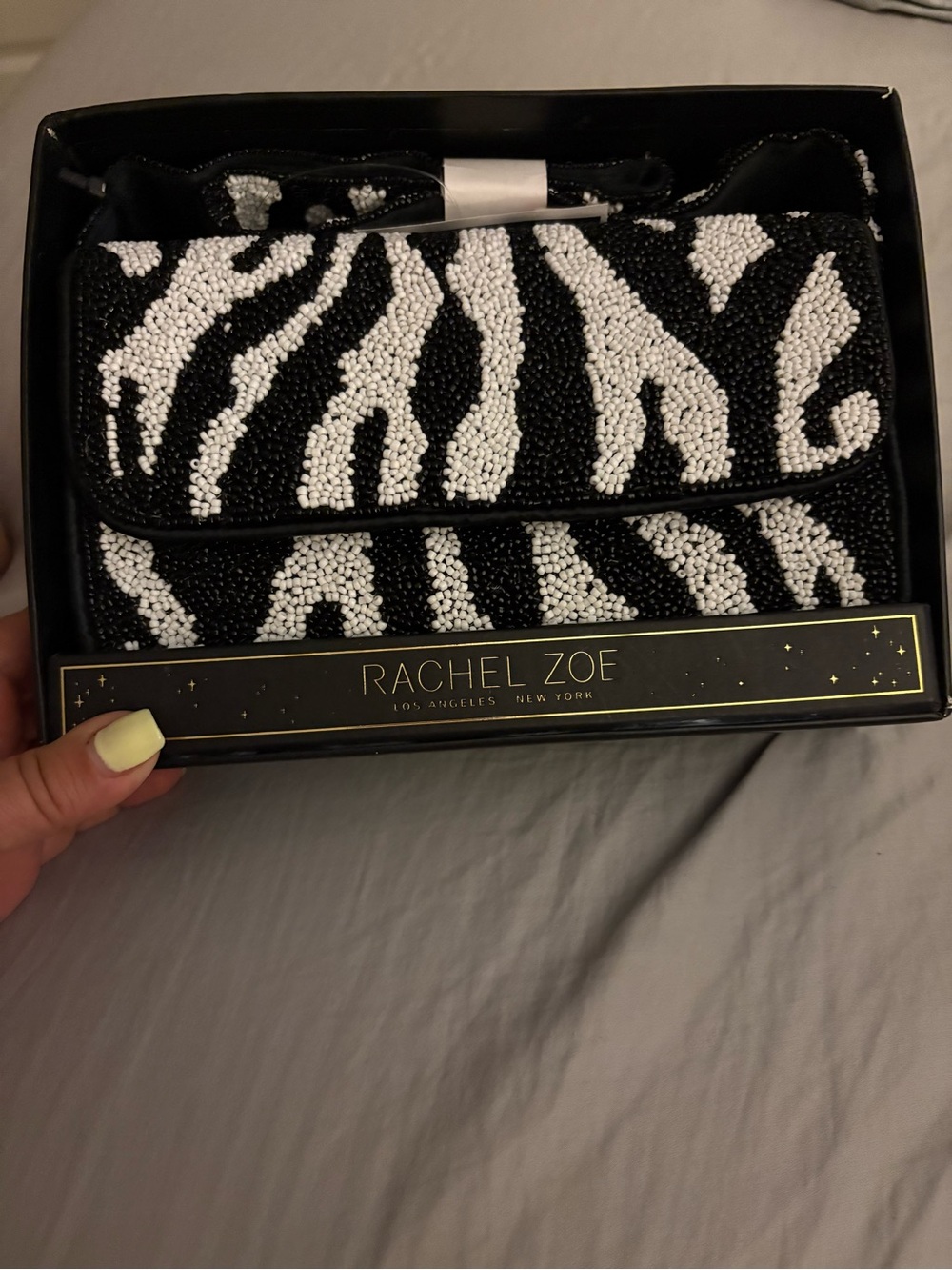 Rachel Zoe Black and White Beaded Zebra-Print Clutch